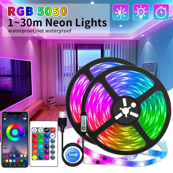 أضواء شريط LED متغيرة اللون بمنفذ USB ، RGB ، شريط مصباح مرن لتزيين الغرفة ، صمام ثنائي لإضاءة التلفزيون الخلفية ، تحكم بتطبيق