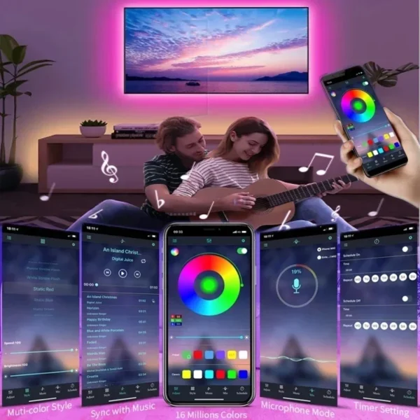 ⁦أضواء شريط LED متغيرة اللون بمنفذ USB ، RGB ، شريط مصباح مرن لتزيين الغرفة ، صمام ثنائي لإضاءة التلفزيون الخلفية ، تحكم بتطبيق⁩ - الصورة ⁦4⁩